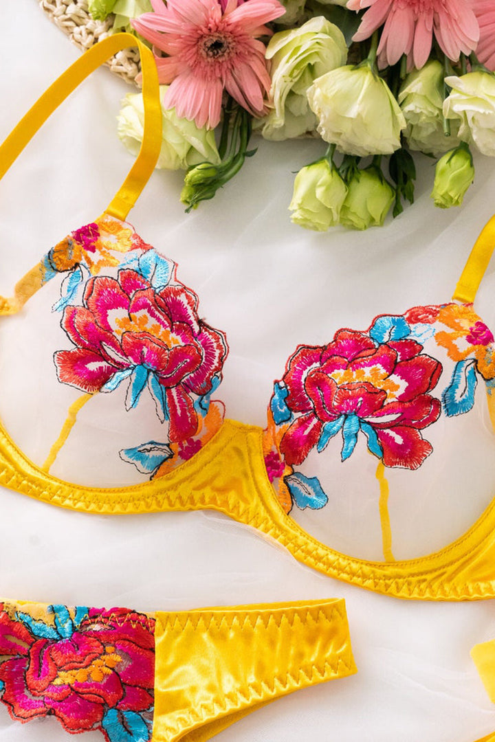 W&W Mode | Satin Durchsichtige Blumen 3 Teile Lingerie Set