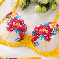 WW | Satin Durchsichtige Blumen 3 Teile Lingerie Set