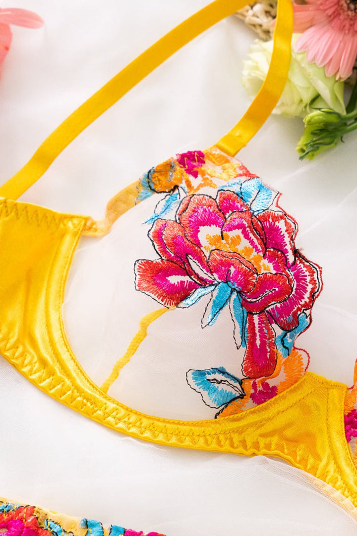 W&W Mode | Satin Durchsichtige Blumen 3 Teile Lingerie Set