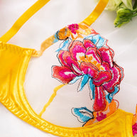 WW | Satin Durchsichtige Blumen 3 Teile Lingerie Set