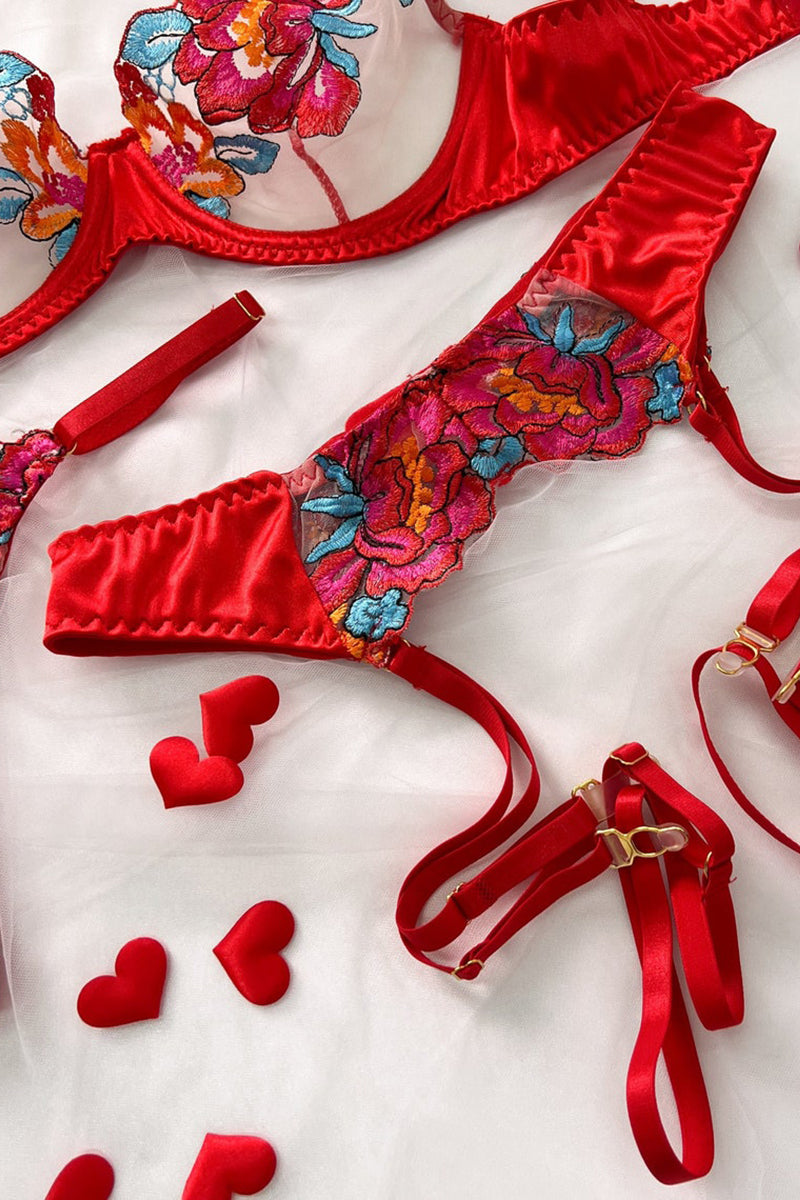 WW | Satin Durchsichtige Blumen 3 Teile Lingerie Set