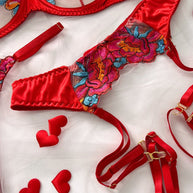 WW | Satin Durchsichtige Blumen 3 Teile Lingerie Set