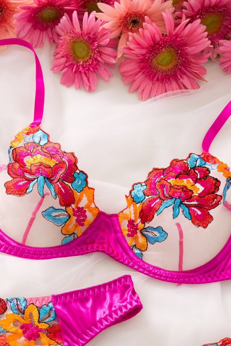 WW | Satin Durchsichtige Blumen 3 Teile Lingerie Set