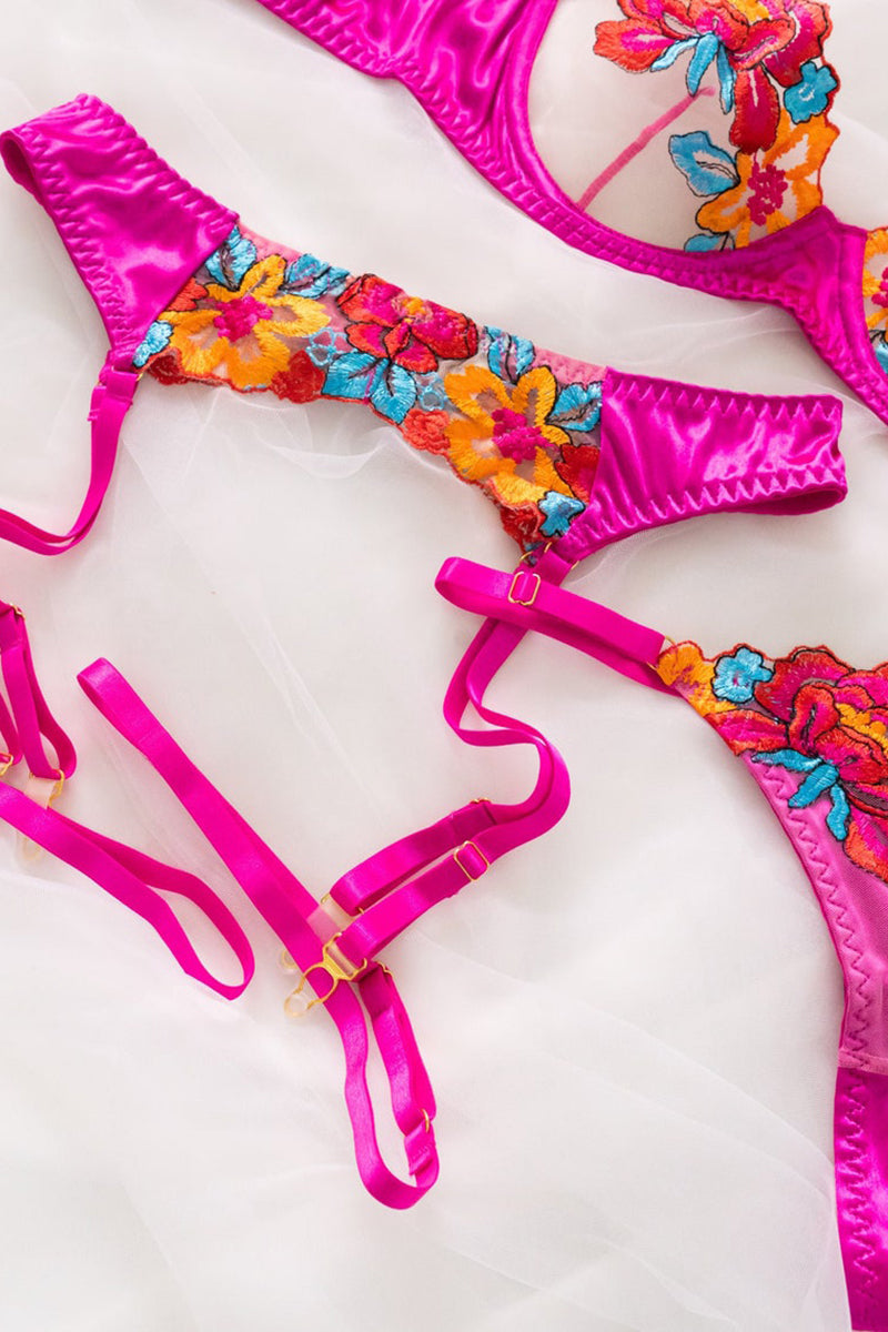 WW | Satin Durchsichtige Blumen 3 Teile Lingerie Set