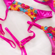 WW | Satin Durchsichtige Blumen 3 Teile Lingerie Set