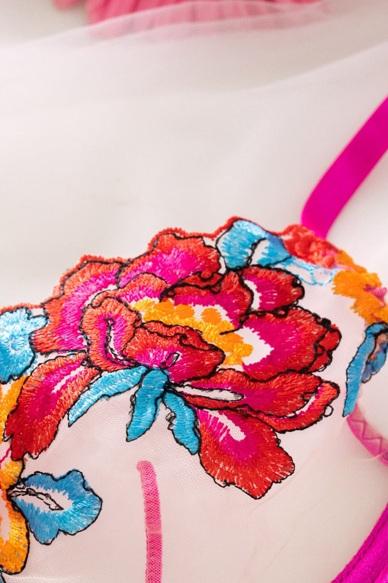 WW | Satin Durchsichtige Blumen 3 Teile Lingerie Set