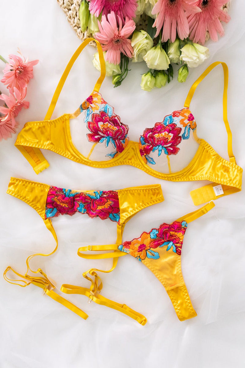 WW | Satin Durchsichtige Blumen 3 Teile Lingerie Set