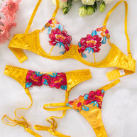 WW | Satin Durchsichtige Blumen 3 Teile Lingerie Set