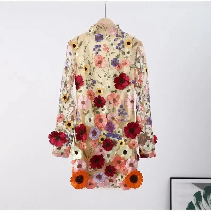Damen Minikleid mit floralen Applikationen und durchscheinender Optik