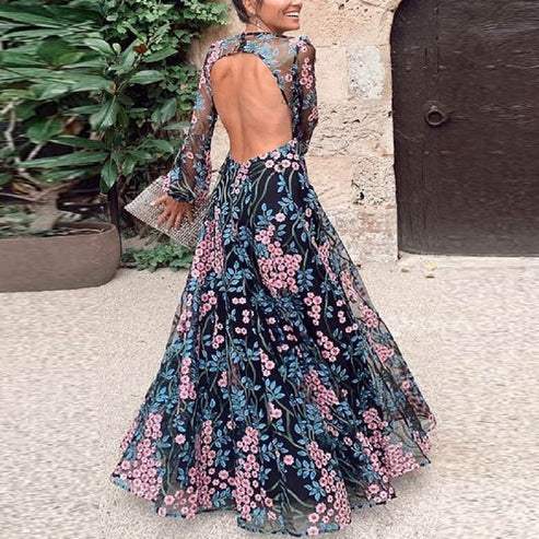 WW | Jahrgang Blumen Rückenfreies Maxikleid
