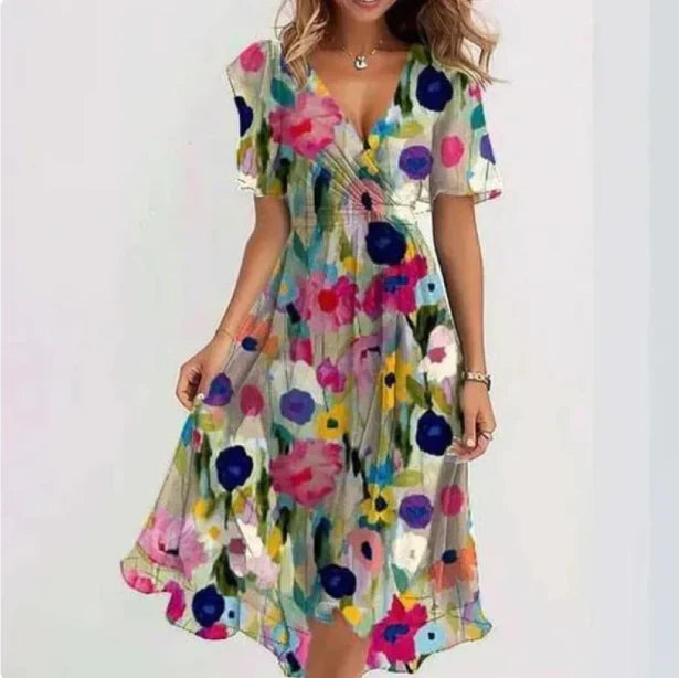 W&W Mode | Blumen V-Ausschnitt Chiffon Midi Kleid für Damen