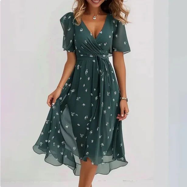 W&W Mode | Blumen V-Ausschnitt Chiffon Midi Kleid für Damen