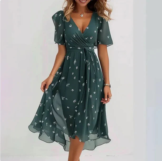 WW | Blumen V-Ausschnitt Chiffon Midi Kleid für Damen