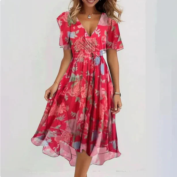 W&W Mode | Blumen V-Ausschnitt Chiffon Midi Kleid für Damen