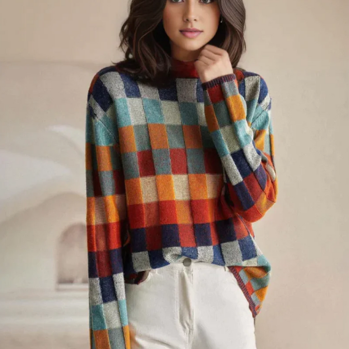 Lia™ - PATCHWORK-ROLLKRAGENPULLOVER IM KASCHMIR-CHIC