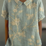 WW | Lässige Damenbluse Mit Retro Blumenmuster Aus Baumwolle Und Leinen