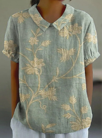 WW | Lässige Damenbluse Mit Retro Blumenmuster Aus Baumwolle Und Leinen