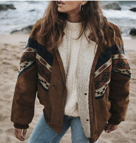 WW | Winterjacke - stilvolle braune Damenjacke mit Tribal-Design