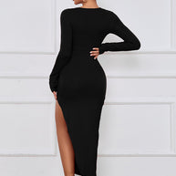 WW | Damen Lange Kleid Schlanker Körper Pack Hüfte Enger Rock Sexy Schlitz Lange Ärmel Kleid