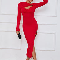 WW | Damen Lange Kleid Schlanker Körper Pack Hüfte Enger Rock Sexy Schlitz Lange Ärmel Kleid
