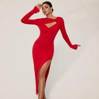 WW | Damen Lange Kleid Schlanker Körper Pack Hüfte Enger Rock Sexy Schlitz Lange Ärmel Kleid
