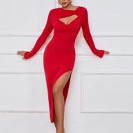 WW | Damen Lange Kleid Schlanker Körper Pack Hüfte Enger Rock Sexy Schlitz Lange Ärmel Kleid