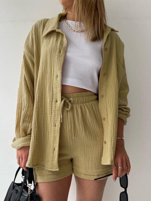 WW | Damen Einfarbiges Reverskragen Hemd & Shorts Zweiteiliges Set