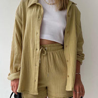 WW | Damen Einfarbiges Reverskragen Hemd & Shorts Zweiteiliges Set