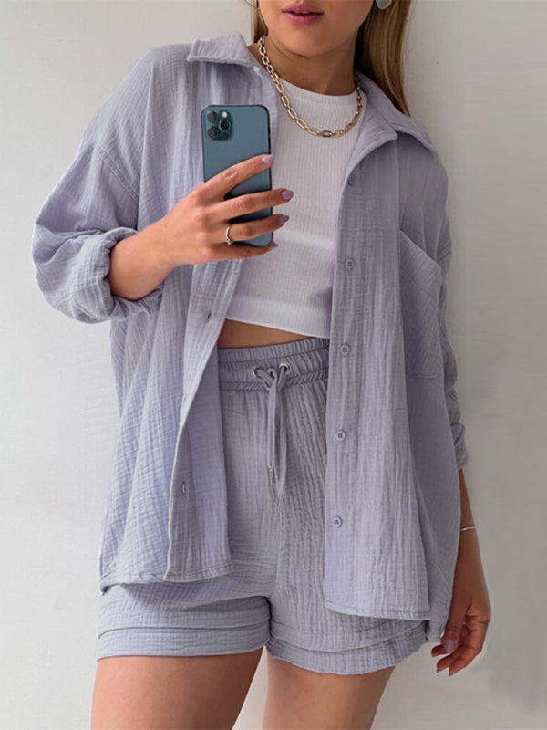 WW | Damen Einfarbiges Reverskragen Hemd & Shorts Zweiteiliges Set