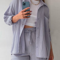 WW | Damen Einfarbiges Reverskragen Hemd & Shorts Zweiteiliges Set