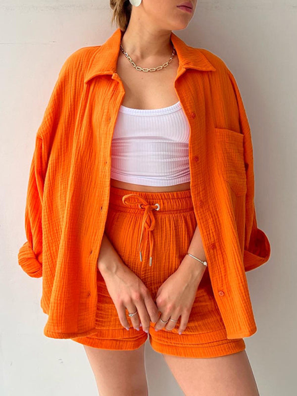 WW | Damen Einfarbiges Reverskragen Hemd & Shorts Zweiteiliges Set