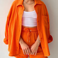WW | Damen Einfarbiges Reverskragen Hemd & Shorts Zweiteiliges Set