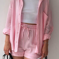 WW | Damen Einfarbiges Reverskragen Hemd & Shorts Zweiteiliges Set