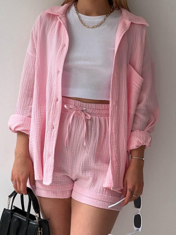 WW | Damen Einfarbiges Reverskragen Hemd & Shorts Zweiteiliges Set