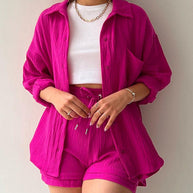 WW | Damen Einfarbiges Reverskragen Hemd & Shorts Zweiteiliges Set