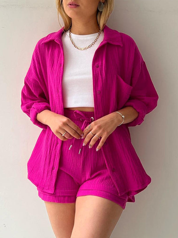 WW | Damen Einfarbiges Reverskragen Hemd & Shorts Zweiteiliges Set