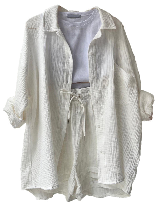 WW | Damen Einfarbiges Reverskragen Hemd & Shorts Zweiteiliges Set
