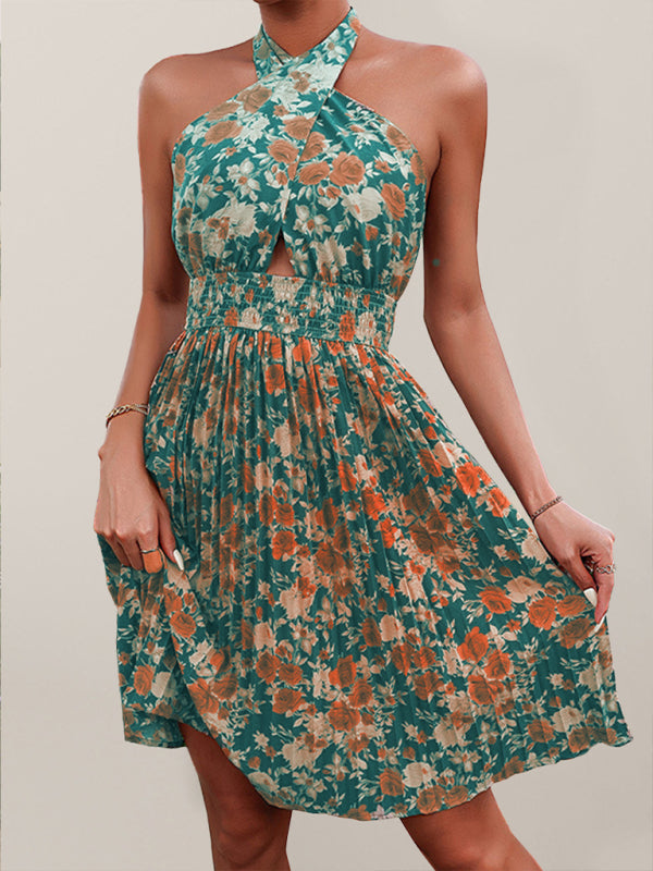 WW | Damen Woven Sexy Halter Neck Rückenfreies Blumen Kleid