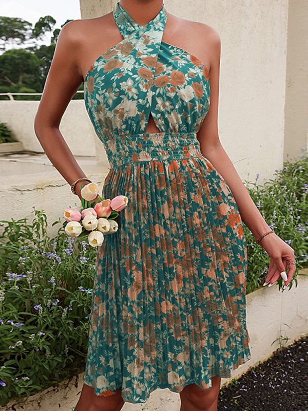 WW | Damen Woven Sexy Halter Neck Rückenfreies Blumen Kleid