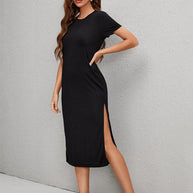 WW | Damen Strickkurzarmkleid Rundhals Schlitz Mid Rock