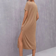 WW | Damen Strickkurzarmkleid Rundhals Schlitz Mid Rock