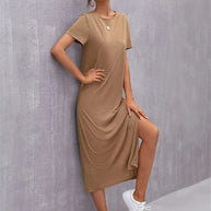 WW | Damen Strickkurzarmkleid Rundhals Schlitz Mid Rock