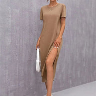 WW | Damen Strickkurzarmkleid Rundhals Schlitz Mid Rock