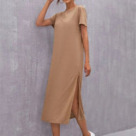 WW | Damen Strickkurzarmkleid Rundhals Schlitz Mid Rock