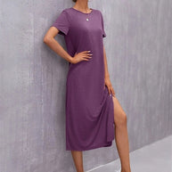 WW | Damen Strickkurzarmkleid Rundhals Schlitz Mid Rock