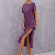 WW | Damen Strickkurzarmkleid Rundhals Schlitz Mid Rock