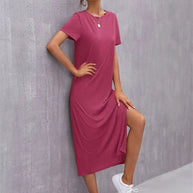WW | Damen Strickkurzarmkleid Rundhals Schlitz Mid Rock