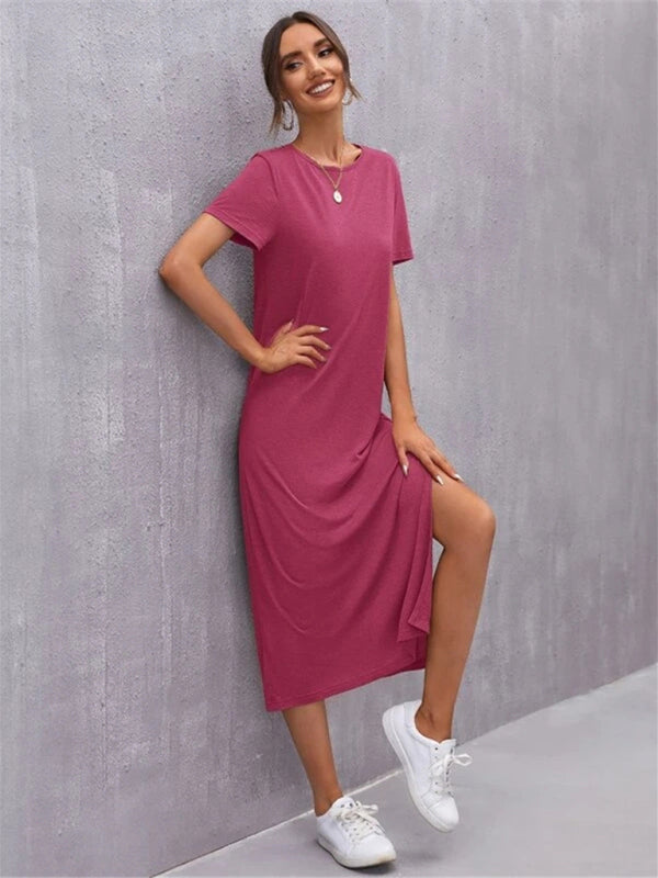 WW | Damen Strickkurzarmkleid Rundhals Schlitz Mid Rock