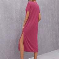 WW | Damen Strickkurzarmkleid Rundhals Schlitz Mid Rock