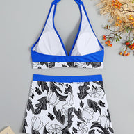 WW | Damen Hohe Taille Boxer Bindung Bedruckt Einfarbiges Panel Bikini